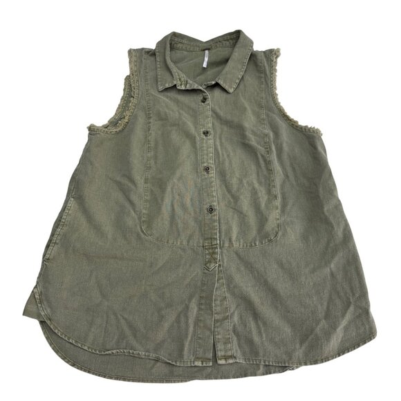 Free People Tops - Free People Women's Olive Green Linen Blend Sleeveless Button Shirt Top, Size S